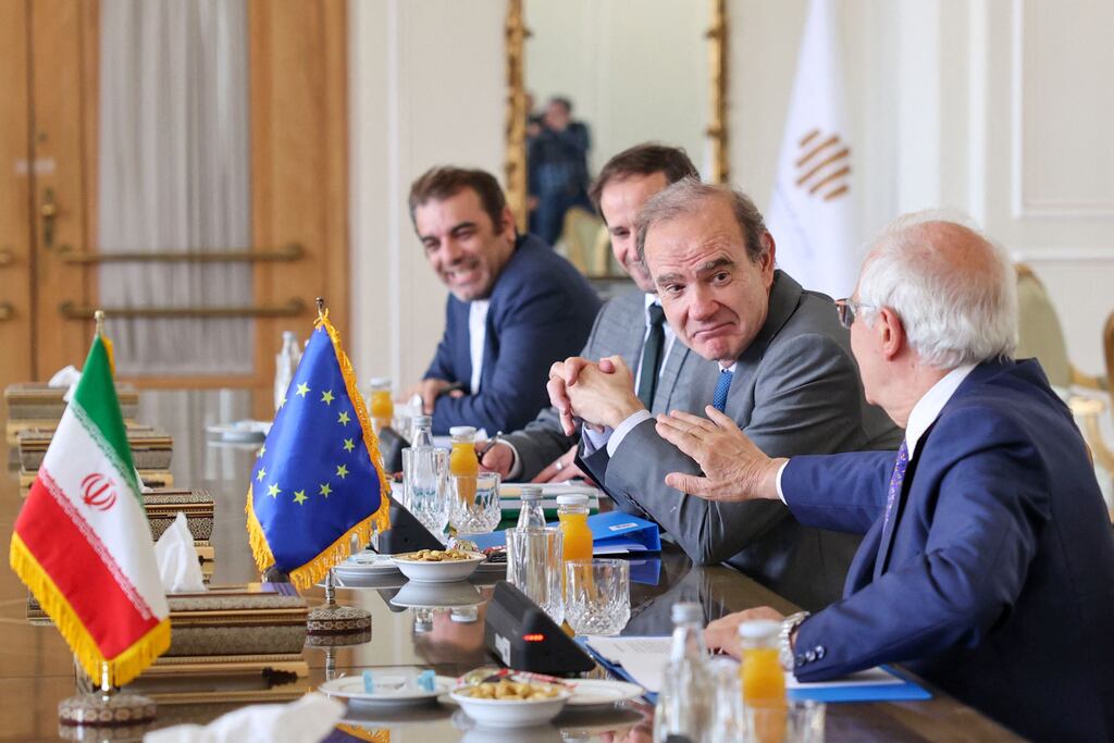 EU foreign policy chief Josep Borrell (right) and deputy secretary general of the European External Action Service (EEAS) Enrique Mora (second right) during a meeting with Iran's foreign minister at the foreign ministry headquarters in Iran's capital Tehran. Photograph: Atta Kenare/AFP