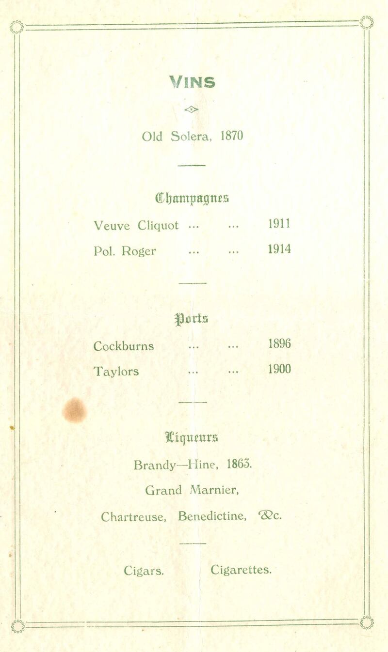 The wine menu for the dinner to honour WB Yeats. Photograph courtesy Stephen’s Green Club