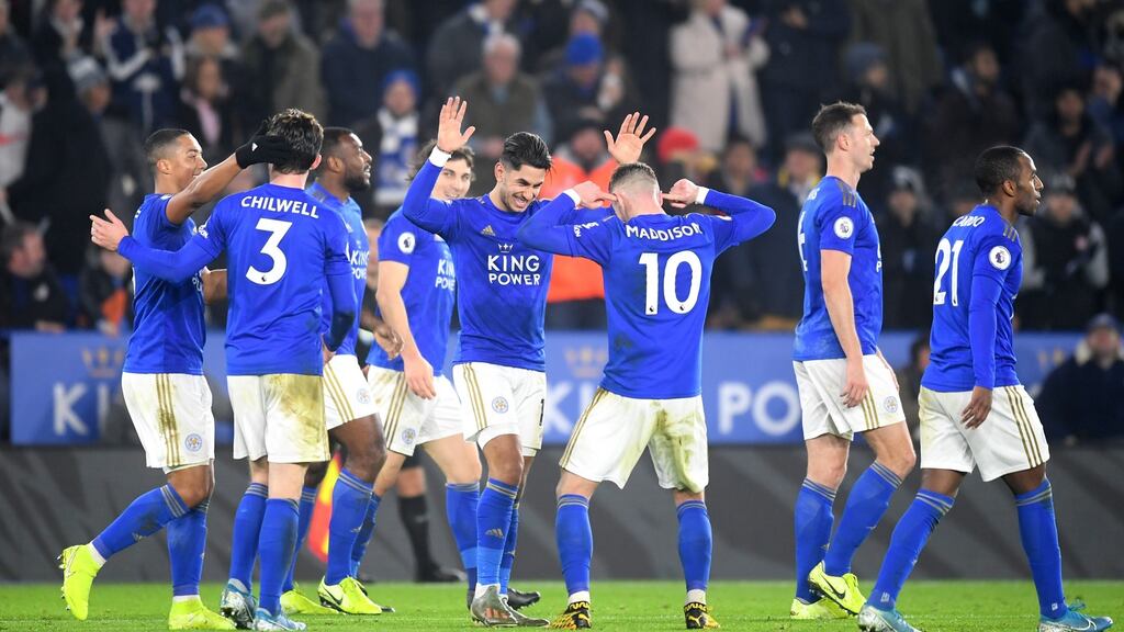 Ayoze Pérez of Leicester City celebrates with teammate James Maddison after scoring his team’s fourth goal during the Premier League win against West Ham United. Photo: Michael Regan/Getty Images