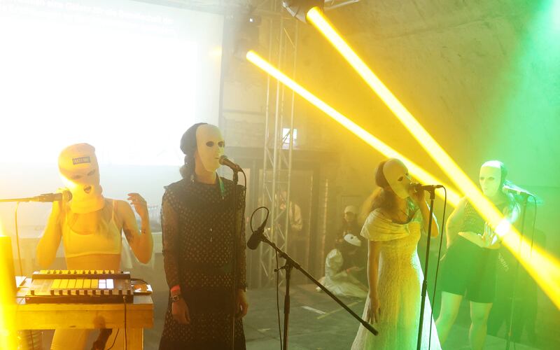 Pussy Riot: Diana Burkot, Anton Ponomarev, Maria Alyokhina and Olga Borisova perform at Funkhaus Berlin. Photograph: Adam Berry/AFP/Getty