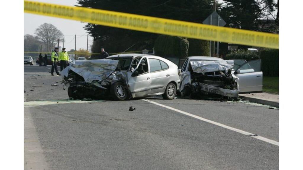 The Audi A4 and the Renault Megane in which two people, a
64-year-old man and a 17-year-old youth, died at Annaloughan, Co
Louth, yesterday. A teenage girl is critical in Our Lady of Lourdes
Hospital, Drogheda.