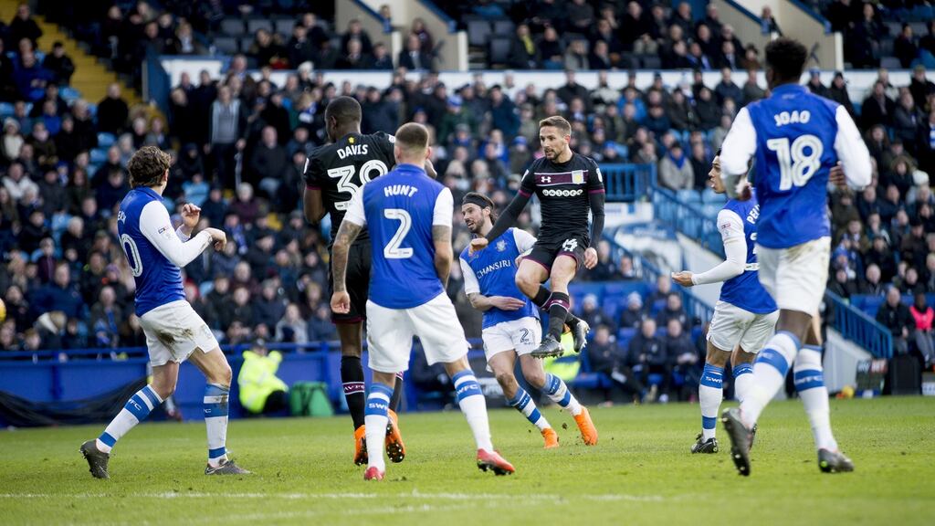 Conor Hourihane hammers home to put Aston Villa 3-2 ahead during their Championship encounter with Sheffield Wednesday. Photo: Neville Williams/Getty Images