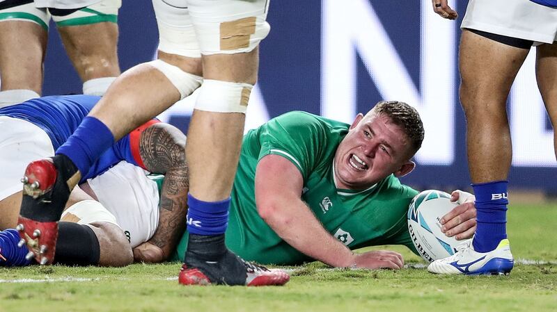 Tadgh Furlong reaches to score his try against Samoa. Photograph: Dan Sheridan/Inpho