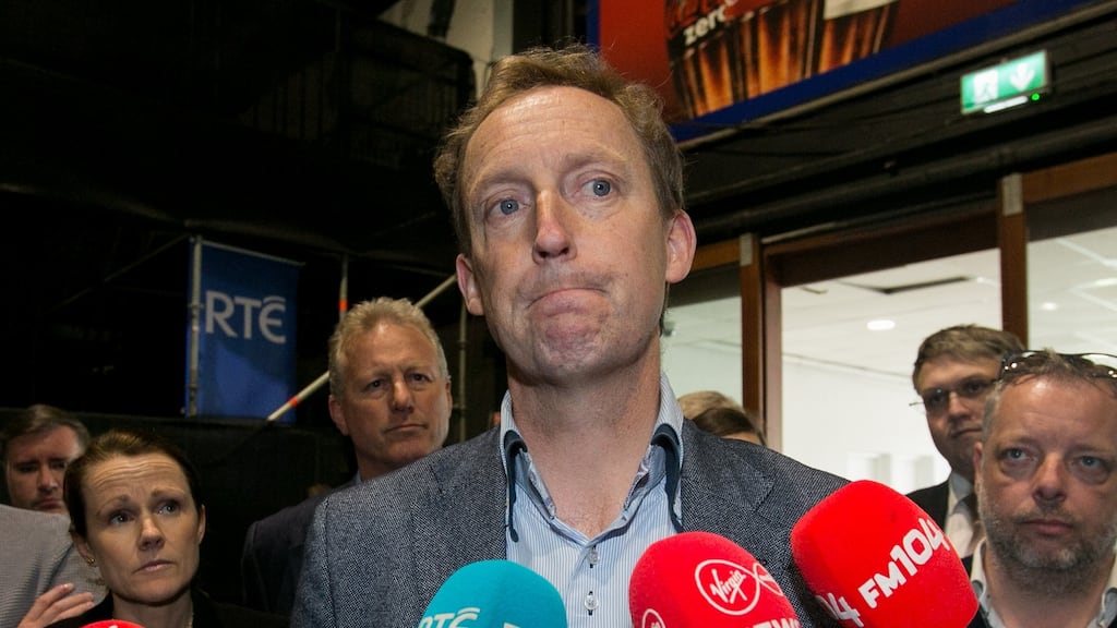 Fianna Fáil’s Barry Andrews speaking to media during the European count in the RDS, Dublin. Photograph: Collins
