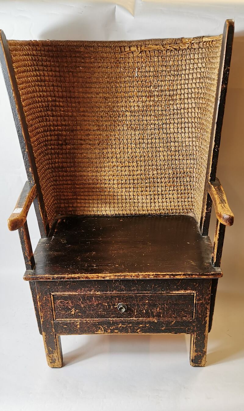 Lot 312: Rare pair of 19th century Orkney pine and rush chairs with working drawer in original paint, €1,200-€1,800