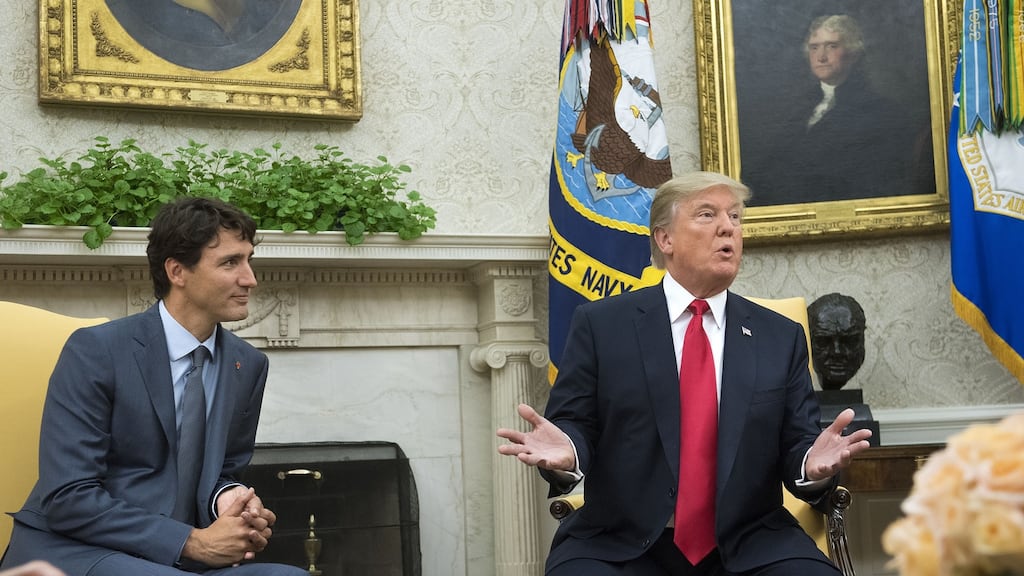 Speaking alongside Canadian prime minister Justin Trudeau (left) in the Oval Office this week, US president Donald Trump suggested he was prepared to pull out of Nafta. Photograph: Kevin Dietsch/Pool via Bloomberg
