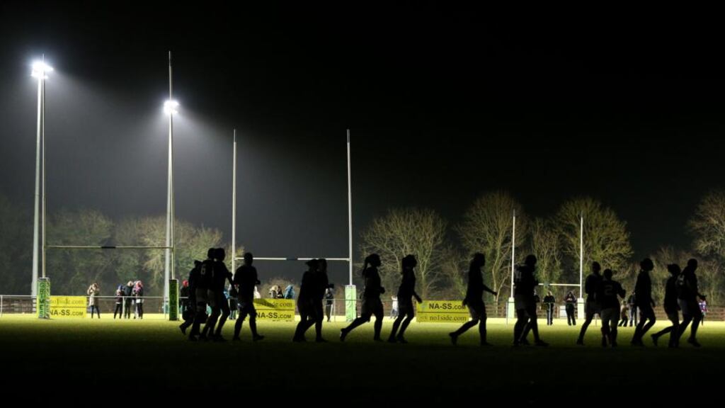 Irish and France women in darkness as the lights go out at Ashbourne RFC in Six Nations. Photograph: Dan Sheridan/Inpho.