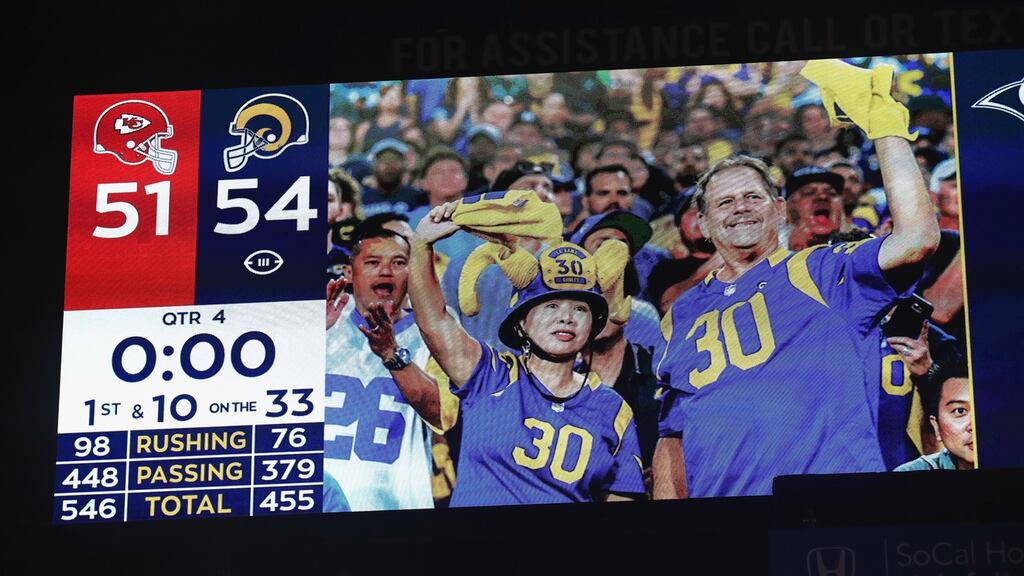 The final score of 54-51 is shown on the screen after the Los Angeles Rams defeated the Kansas City Chiefs. Photograph: Sean M Haffey/Getty