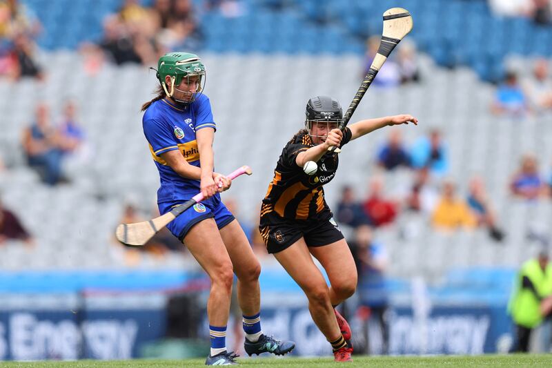 Kilkenny's Aobha O'Gorman blocks a shot from Tipperary's Caoimhe McCarthy. Photograph: Leah Scholes/Inpho