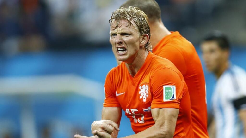 Dirk Kuyt of the Netherlands in action against Argentina in the World Cup semi-final at the Corinthians Arena in Sao Paulo. Photograph: Darren Staples / Reuters