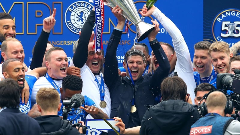 Steven Gerrard celebrates after Rangers' Scottish Premiership victory in 2021. Photograph: Andrew Milligan/PA Wire