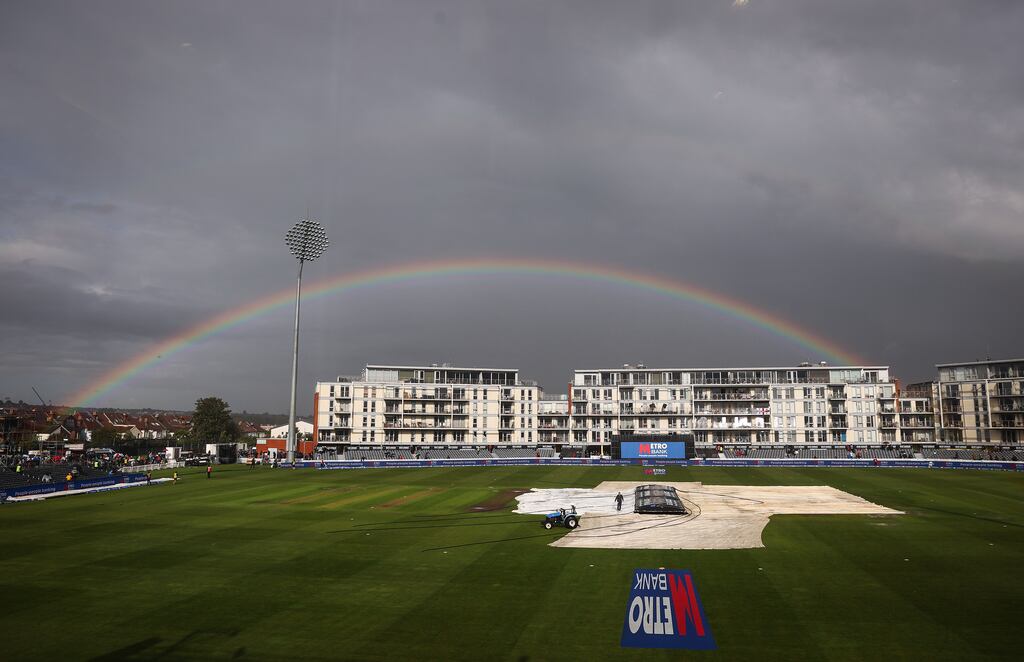 A rainbow appears over the ground after the third ODI between England and Ireland was abandoned at the County Ground in Bristol. Photograph: Ryan Pierse/Getty Images