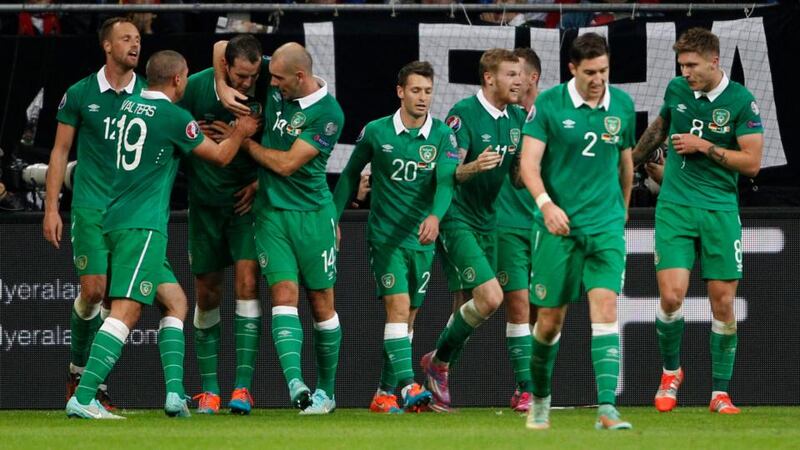 John O’Shea (third left) of Ireland celebrates his goal with team-mates in Gelsenkirchen. Photograph: Roland Weihrauch /EPA