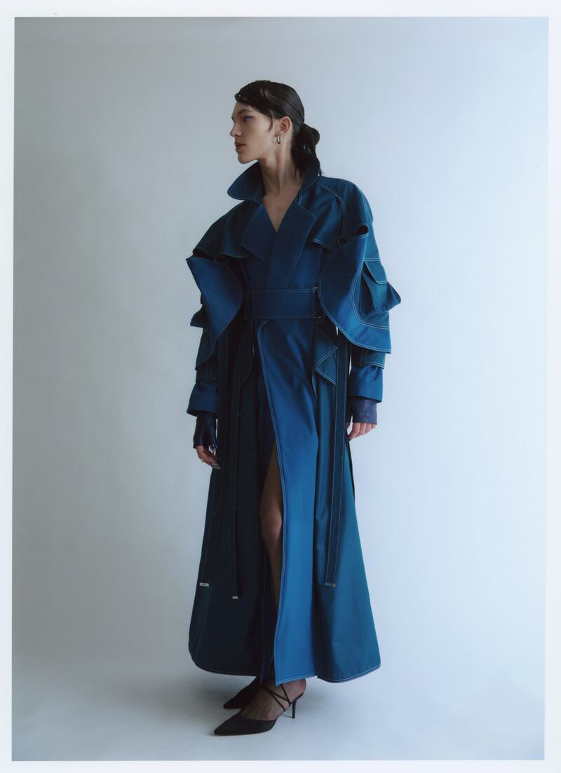 Statement two tone coat in teal and petrol (€1,235) from Macbees Killarney and in black at Emporium Kalu