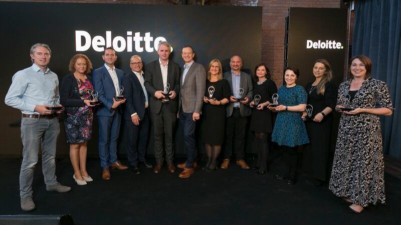 The 2019 winners of the Deloitte Financial Services Innovation Awards, pictured (L-R): Joe Dunphy, Fenergo; Sinead Fitzmaurice, TransferMate; Terry Clune, TransferMate; David Dalton, Deloitte; Denis McCarthy, Fexco; Harry Goddard, Deloitte; Mary O’Dea, The Institute of Banking; Rob Neale, Fexco; Helen Cahill, InvoiceFair;  Phoebe Toale, AQMetrics; Susan Moran, Xtremepush; Carole Donaghy, Ulster Bank. Photograph: Shane O’Neill.