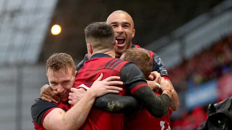 Munster celebrate Keith Earls’ opening try in the province’s 48-3 win over Castres in January. Photograph: Dan Sheridan/Inpho