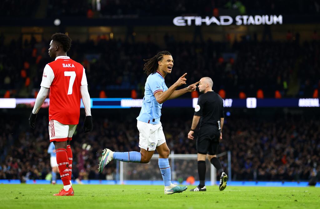 Nathan Ake celebrates scoring for Manchester City against Arsenal in the FA Cup fourth round. Photograph: Michael Steele/Getty Images