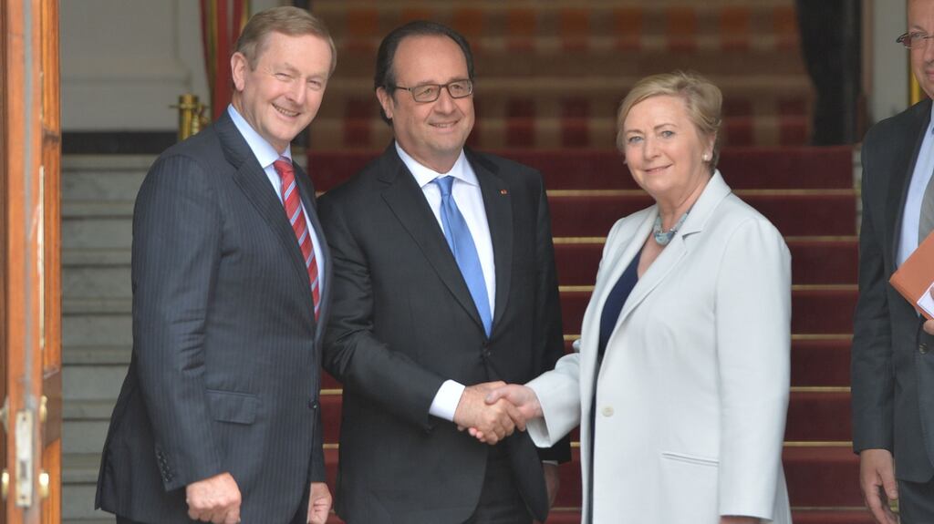 Taoiseach Enda Kenny and Tánaiste Frances Fitzgerald greeting French president  François Hollande at Government Buildings today.  Photograph: Alan Betson