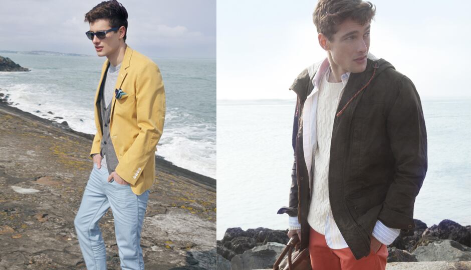 Right: yellow jacket, €299, Magee; grey cardigan, €60, Selected; striped t-shirt, €55, Nigel Hall; blue jeans, €80, Levi's; sunglasses, €145, Rayban; pocket square, €45, Liberty
Left: parka jacket, €149.95, Jack & Jones Vintage; cream cable knit sweater, €109, Lyle & Scott; pastel striped shirt, €100, Brooks Brothers; orange chinos, €95, Alpha Khaki by Dockers; duffle bag, €155, Tommy Hilfiger.