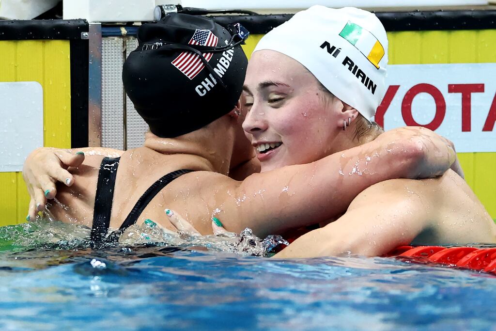 Gold medal winner Olivia Chambers of Team United States is congratulated by silver medal winner Róisín Ní Riain of Team Ireland after the women’s 400m freestyle S13 final at the Toyota World Para Swimming Championships in Singapore. Photograph: Yong Teck Lim/Getty Images