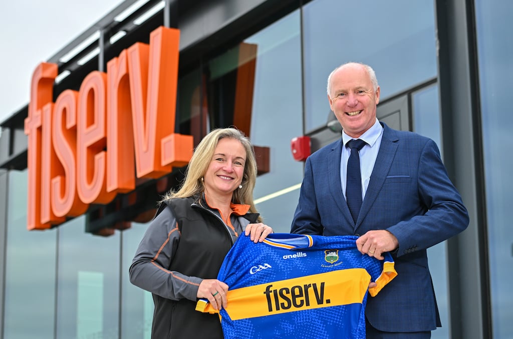 Katia Karpova of Fiserv and Tipperary GAA chair Joe Kennedy at extension to the company’s GAA sponsorship with the county. Photograph: Sam Barnes/Sportsfile