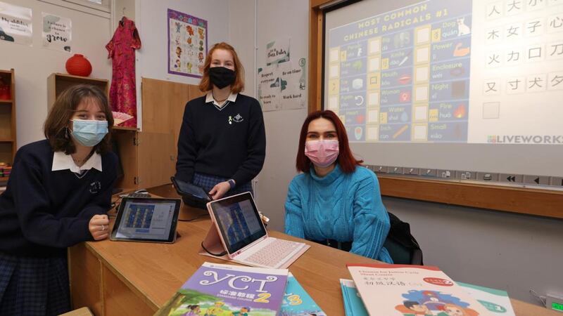Sanda Sanduta and Carla Quinlan with teacher Niamh McNally: “I’m very glad I’ve chosen to study it for the Leaving,” says Sanduta. “I’m excited to be one of the first students to sit the new exam,” adds Quinlan. Photograph: Nick Bradshaw