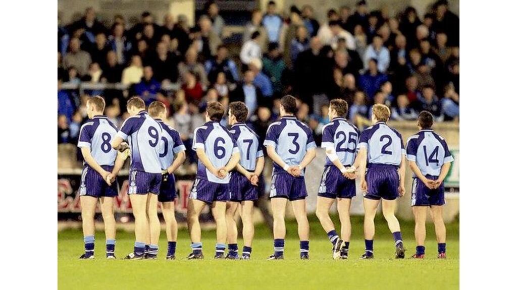 The Dublin team stand for the national anthem during a National League game. The capital's players will take to the field this Sunday against Wexford for their first competitive game of the season in the O'Byrne Cup without a sponsor's logo on their jerseys.