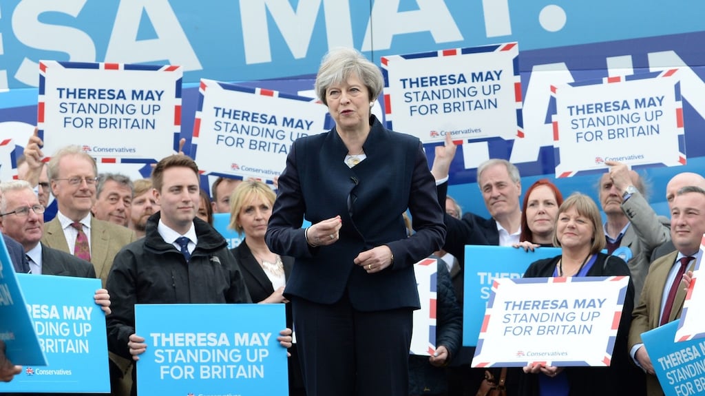 British prime minister Theresa May campaigning in Eshott airfield, Northumberland, in May. She has repeatedly rejected the idea of excluding students from the Conservatives’ target of bringing net migration down to the tens of thousands. Photograph: Stefan Rousseau/PA Wire
