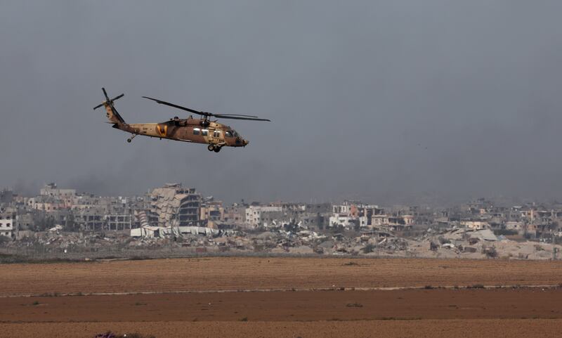 An Israeli army rescue helicopter used to transport wounded soldiers lands at Nahal Oz on Saturday. Photograph: Atef Safadi/EPA-EFE