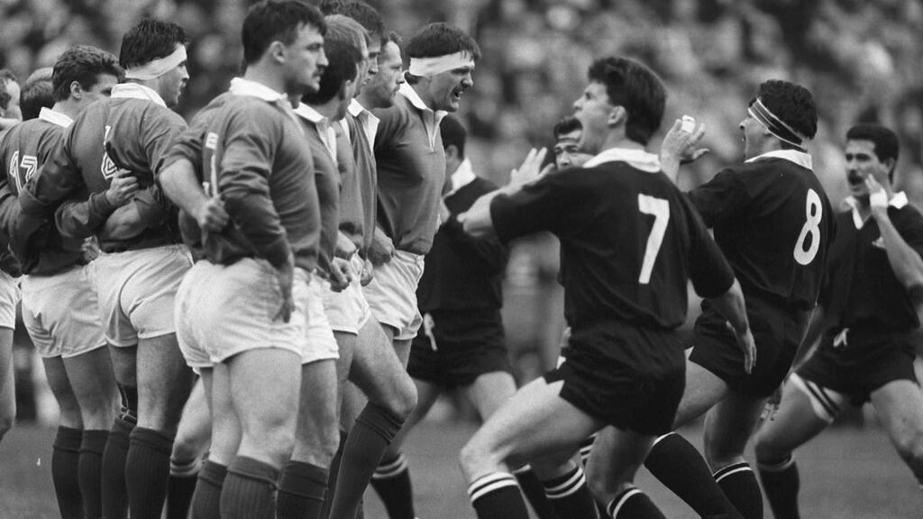 Ireland captain Willie Anderson faces up to New Zealand captain Wayne Shelford as the All Blacks perform the Haka in 1989. Photograph: Billy Stickland/Inpho