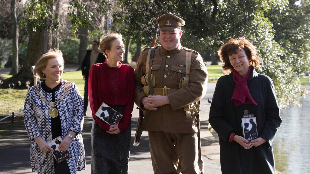 In a new twist to the Dublin: One City One Book festival, Dublin and Belfast join together in a Two Cities One Book initative as part of Ireland’s 2016 commemoration programme to promote the novel, Fallen, by Lia Mills, right, at the launch with Dublin’s Lord Mayor Criona Ni Dhalaigh at the Mansion House, with Darren Mc Mahon and Kerrie O’ Sullivan, who portray the characters Hubie Wilson and Katie Crilly. Photograph: Colm Mahady / Fennells