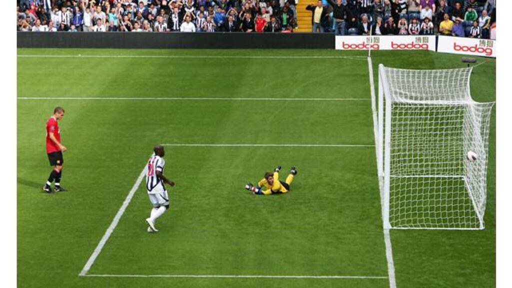 Manchester United's goalkeeper David De Gea watches Shane Long’s shot nestle in the back of the net after letting the ball bounce underneath him. Photograph: Nick Potts/PA Wire