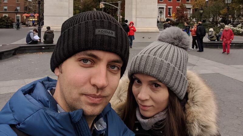 Vitalii and Katerina Khatiushyn. He has been trapped in Ukraine since Russia invaded last month, and at their home in New York she is expecting their first child in May. Photograph courtesy of Vitalii Khatiushyn