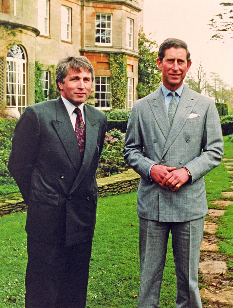 Jonathan Dimbleby with then Prince Charles (now King Charles III) at Highgrove during the filming of a television documentary in 1994. Photograph: PA