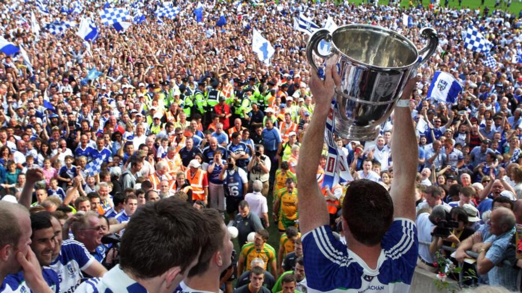 Monaghan celebrate winning the Anglo-Celt Cup. The GAA president has expressed his worries over the recent spate of pitch invasions. Photograph: Inpho