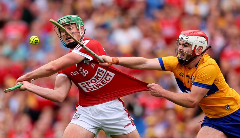 Cork’s Robbie O' Flynn is fouled as he attempts to score an equaliser at the end of extra time in Croke Park. Photograph: James Crombie/Inpho