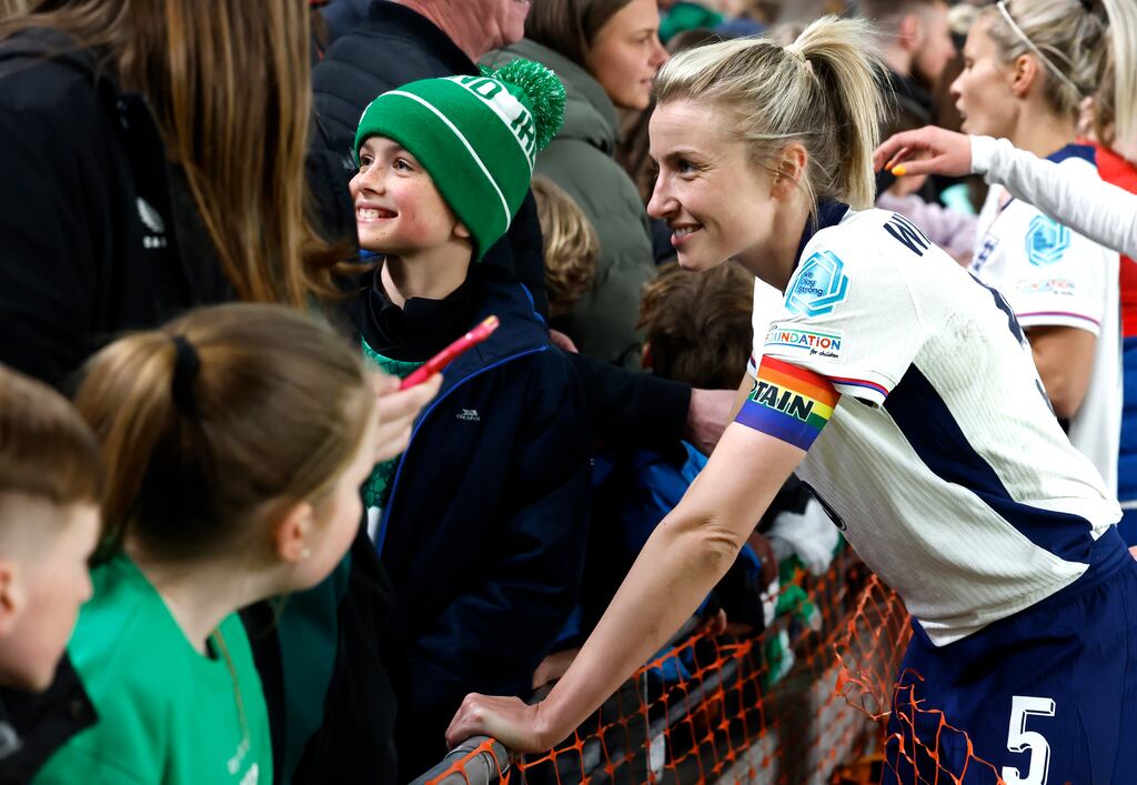 Ireland v England: England's Leah Williamson with fans following the UEFA Women's Euro 2025 qualifying match at the Aviva Stadium, Dublin. Photograph: Damien Eagers/PA Wire
