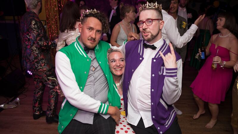 Liam Karma and Joey Kavanagh with friend Louise Bruton at their prom-themed party