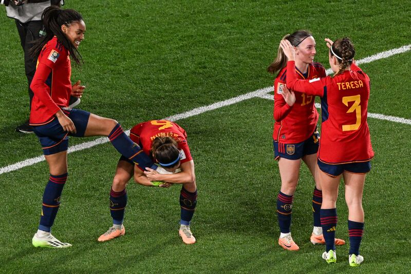 Salma Paralluelo celebrates her goal in Spain's semi-final win over Sweden at Eden Park. Photograph: Getty Images