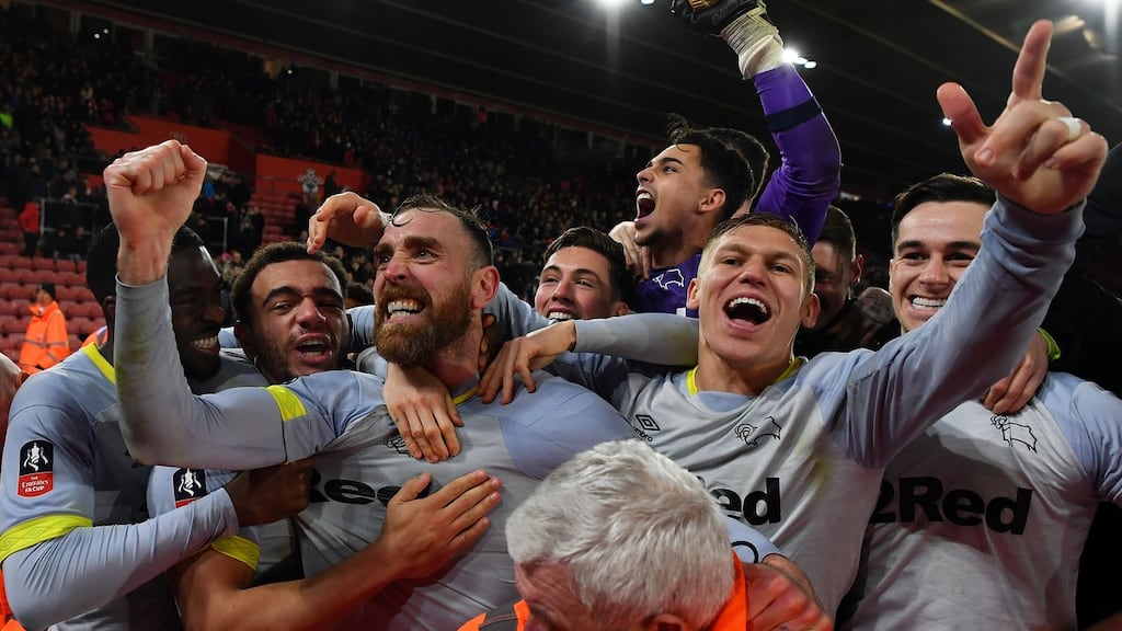 Richard Keogh and Derby County celebrate his winning penalty against Southampton. Photograph: Dan Mullan/Getty