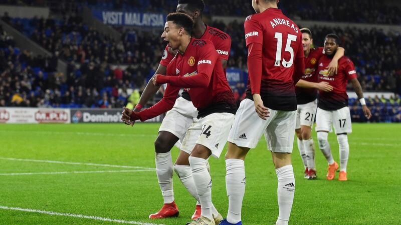 Manchester United’s Jesse Lingard celebrates scoring his team’s fifth goal. Photograph: Reuters