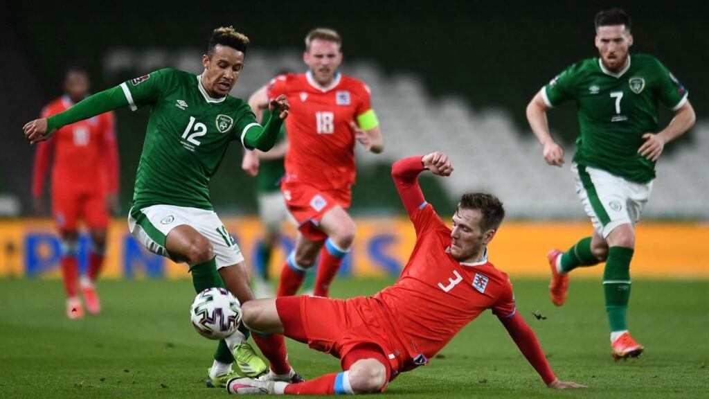 Republic of Ireland’s striker Callum Robinson is tackled by Luxembourg’s defender Enes Mahmutovic during the World Cup qualifier in Dublin last year. Photograph: Clodagh Kilcoyne/AFP via Getty Images