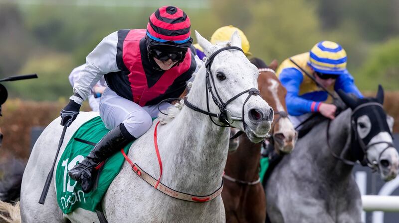 Donal Kinsella’s grey Handsome Maverick (12-1) came from last to first to land the spoils at Navan. Photograph: Morgan Treacy/Inpho