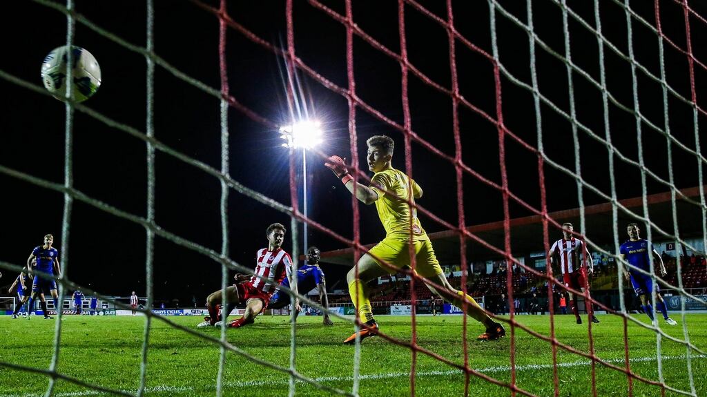 Bohemians’ Andre Wright scores the winning  goal past Sligo Rovers’ goalkeeper Ed McGinty during the SSE Airtricity League Premier Division game at  The Showgrounds. Photograph: Ryan Byrne/Inpho