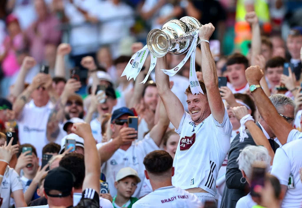 Kevin Feely lifts the Tailteann Cup after Kildare's win over Limerick in the final at Croke Park in July. Photograph: Tom O’Hanlon/Inpho