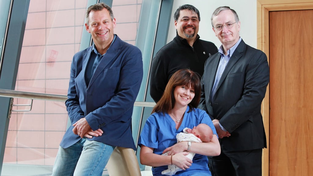 Pictured with 4 day old baby Molly, are Enterprise Equity partner Frank Walsh, Partner, SOSventures European Investment Partner Bill Liao, Metabolomic Diagnostics chief executive Charles Garvey and Prof. Louise Kenny, consultant obstetrician and director of the INFANT Centre.