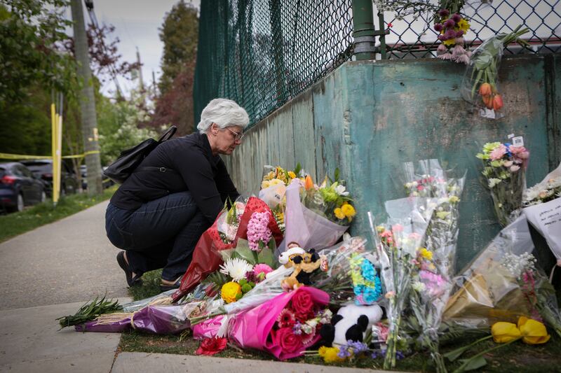 Flowers are left at a make-shift memorial where a car-ramming tragedy took place during a Filipino festival in Vancouver on April 27th. At least 11 people are dead. Photograph: EPA