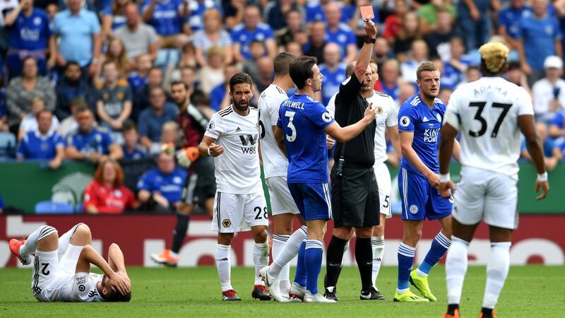 Jamie Vardy is shown a straight red during Leicester’s win over Wolves. Photograph: Ross Kinnaird/Getty