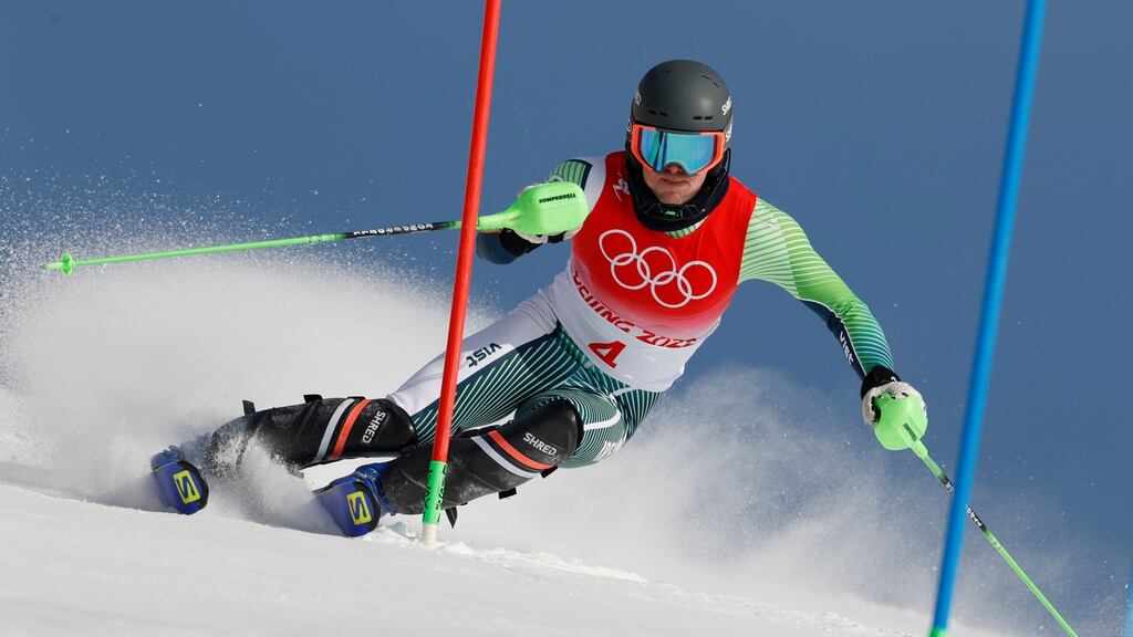 Ireland’s Jack Gower in action during the Slalom portion of the men’s Alpine Combined competition. Photograph: EPA