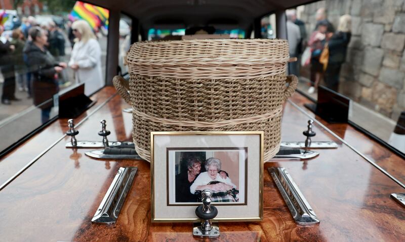 A picture of Nell McCafferty and her mother beside her coffin after her funeral at St Columba's Church in Derry. Photograph: Liam McBurney/PA Wire